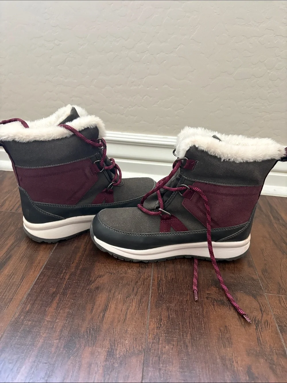 Cat & Jack Burgundy and Gray Faux-Fur Winter Boots